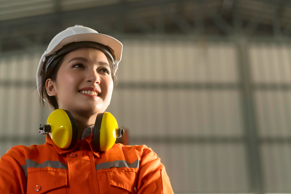 Profissional com capacete e EPI em ambiente industrial